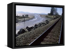 Train Tracks Leading to Bellingham, with San Juan Islands in Distance, Washington State-Aaron McCoy-Framed Stretched Canvas