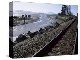 Train Tracks Leading to Bellingham, with San Juan Islands in Distance, Washington State-Aaron McCoy-Stretched Canvas