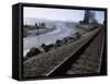 Train Tracks Leading to Bellingham, with San Juan Islands in Distance, Washington State-Aaron McCoy-Framed Stretched Canvas