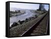 Train Tracks Leading to Bellingham, with San Juan Islands in Distance, Washington State-Aaron McCoy-Framed Stretched Canvas