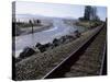 Train Tracks Leading to Bellingham, with San Juan Islands in Distance, Washington State-Aaron McCoy-Stretched Canvas