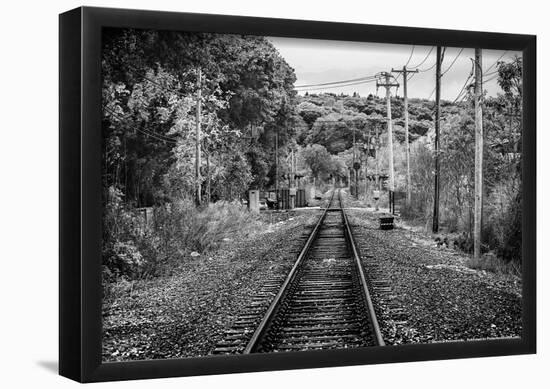 Train Tracks Oyster Bay New York B/W-null-Framed Poster