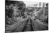 Train Tracks Oyster Bay New York B/W-null-Stretched Canvas