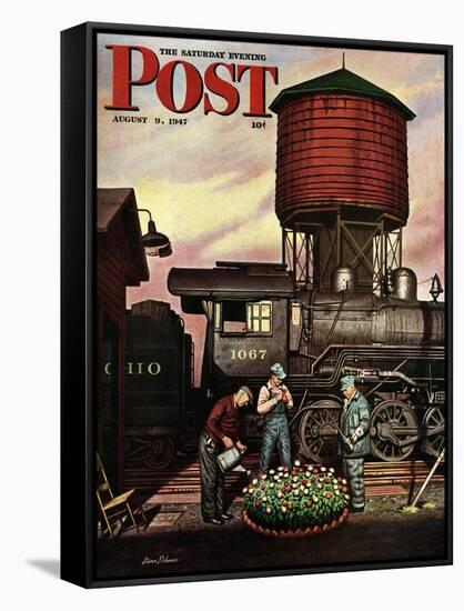 "Trainyard Flower Garden," Saturday Evening Post Cover, August 9, 1947-Stevan Dohanos-Framed Stretched Canvas