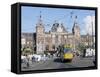 Tram and Central Station, Amsterdam, Holland-Michael Short-Framed Stretched Canvas