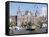Tram and Central Station, Amsterdam, Holland-Michael Short-Framed Stretched Canvas