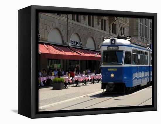 Tram and Restaurant, Zurich, Switzerland, Europe-Richardson Peter-Framed Stretched Canvas