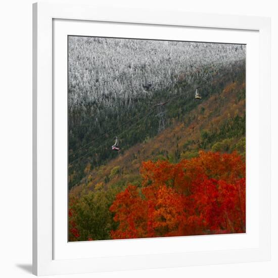 Tram Cars Take Tourists Up Cannon Mountain in New Hampshire as Snow Meets with Changing Leaves-null-Framed Photographic Print