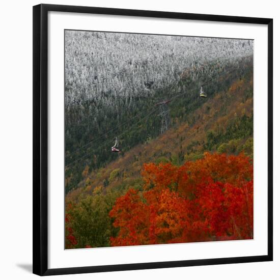 Tram Cars Take Tourists Up Cannon Mountain in New Hampshire as Snow Meets with Changing Leaves-null-Framed Photographic Print