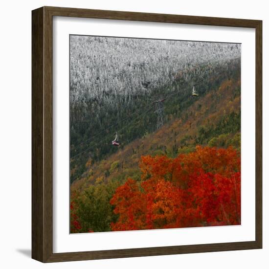 Tram Cars Take Tourists Up Cannon Mountain in New Hampshire as Snow Meets with Changing Leaves-null-Framed Photographic Print