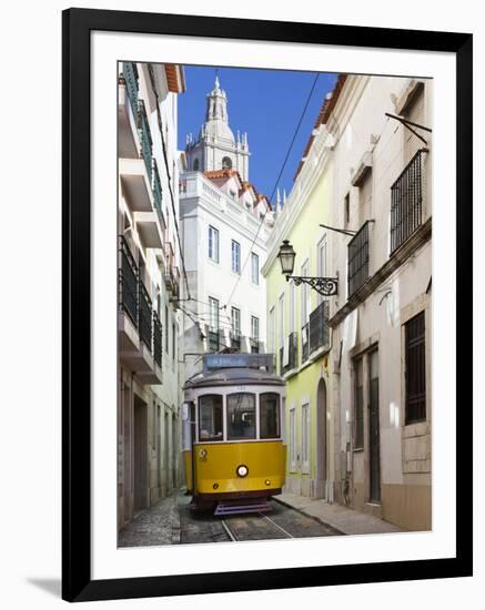 Tram (Electricos) Along Rua Das Escolas Gerais with Tower of Sao Vicente de Fora, Lisbon, Portugal-Stuart Black-Framed Photographic Print