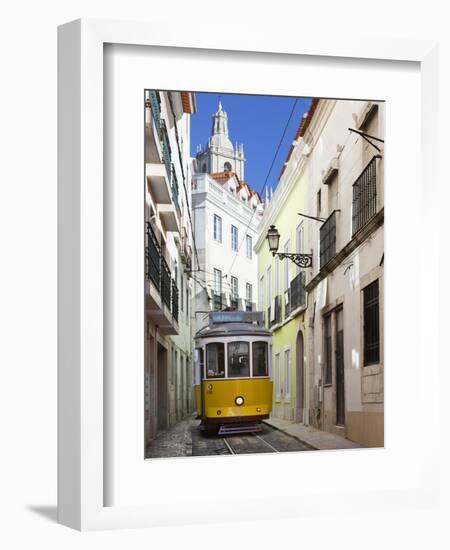 Tram (Electricos) Along Rua Das Escolas Gerais with Tower of Sao Vicente de Fora, Lisbon, Portugal-Stuart Black-Framed Photographic Print