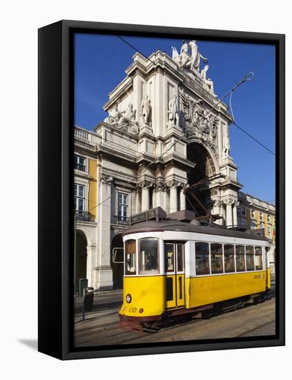 Tram (Electricos) Below the Arco Da Rua Augusta in Praca Do Comercio, Baixa, Lisbon, Portugal-Stuart Black-Framed Stretched Canvas