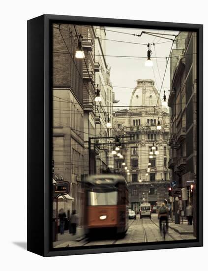 Tram on a Street, Piazza Del Duomo, Milan, Lombardy, Italy-null-Framed Stretched Canvas