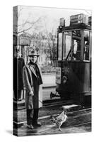 Tram Streetca in the 40's in Holland and a Man Out for a Walk with His Rooster-null-Stretched Canvas