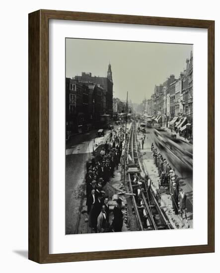 Tramline Being Laid in the Middle of the Road, Whitechapel High Street, London, 1929-null-Framed Photographic Print