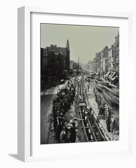 Tramline Being Laid in the Middle of the Road, Whitechapel High Street, London, 1929-null-Framed Photographic Print