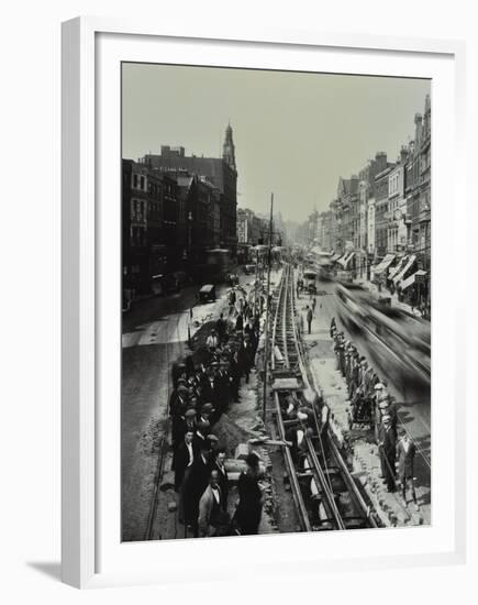 Tramline Being Laid in the Middle of the Road, Whitechapel High Street, London, 1929-null-Framed Premium Photographic Print