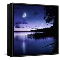 Tranquil Lake Against Starry Sky, Moon and Falling Meteorites, Russia-null-Framed Stretched Canvas