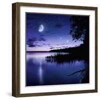 Tranquil Lake Against Starry Sky, Moon and Falling Meteorites, Russia-null-Framed Photographic Print