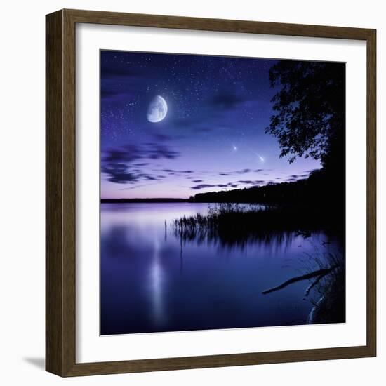 Tranquil Lake Against Starry Sky, Moon and Falling Meteorites, Russia-null-Framed Photographic Print