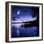 Tranquil Lake Against Starry Sky, Moon and Falling Meteorites, Russia-null-Framed Photographic Print