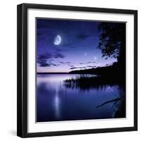 Tranquil Lake Against Starry Sky, Moon and Falling Meteorites, Russia-null-Framed Photographic Print