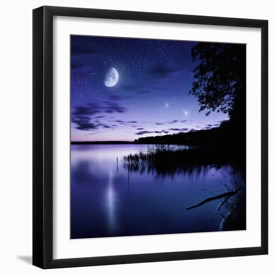 Tranquil Lake Against Starry Sky, Moon and Falling Meteorites, Russia-null-Framed Photographic Print