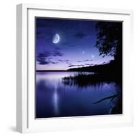 Tranquil Lake Against Starry Sky, Moon and Falling Meteorites, Russia-null-Framed Photographic Print