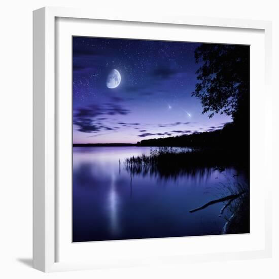 Tranquil Lake Against Starry Sky, Moon and Falling Meteorites, Russia-null-Framed Photographic Print