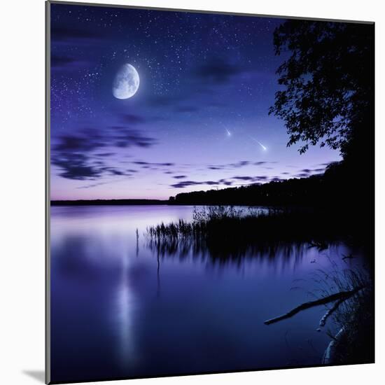 Tranquil Lake Against Starry Sky, Moon and Falling Meteorites, Russia-null-Mounted Photographic Print