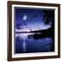 Tranquil Lake Against Starry Sky, Moon and Falling Meteorites, Russia-null-Framed Photographic Print