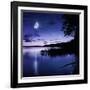 Tranquil Lake Against Starry Sky, Moon and Falling Meteorites, Russia-null-Framed Photographic Print