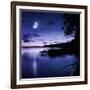 Tranquil Lake Against Starry Sky, Moon and Falling Meteorites, Russia-null-Framed Photographic Print