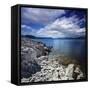 Tranquil Lake and Rocky Shore Against Cloudy Sky, Sardinia, Italy-null-Framed Stretched Canvas
