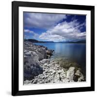 Tranquil Lake and Rocky Shore Against Cloudy Sky, Sardinia, Italy-null-Framed Photographic Print