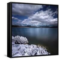 Tranquil Lake and Rocky Shore Against Cloudy Sky, Sardinia, Italy-null-Framed Stretched Canvas