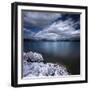 Tranquil Lake and Rocky Shore Against Cloudy Sky, Sardinia, Italy-null-Framed Photographic Print