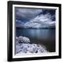 Tranquil Lake and Rocky Shore Against Cloudy Sky, Sardinia, Italy-null-Framed Photographic Print