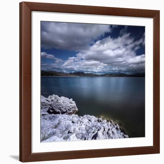 Tranquil Lake and Rocky Shore Against Cloudy Sky, Sardinia, Italy-null-Framed Photographic Print