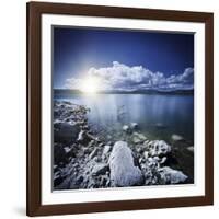 Tranquil Lake and Rocky Shore with Sun over Horizon, Sardinia, Italy-null-Framed Photographic Print