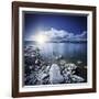 Tranquil Lake and Rocky Shore with Sun over Horizon, Sardinia, Italy-null-Framed Photographic Print