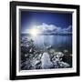 Tranquil Lake and Rocky Shore with Sun over Horizon, Sardinia, Italy-null-Framed Photographic Print