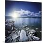 Tranquil Lake and Rocky Shore with Sun over Horizon, Sardinia, Italy-null-Mounted Photographic Print