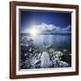 Tranquil Lake and Rocky Shore with Sun over Horizon, Sardinia, Italy-null-Framed Photographic Print