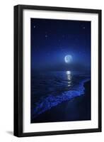 Tranquil Ocean at Night Against Starry Sky and Moon-null-Framed Premium Photographic Print