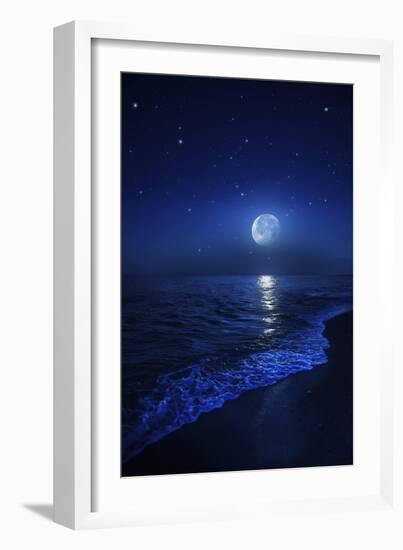 Tranquil Ocean at Night Against Starry Sky and Moon-null-Framed Premium Photographic Print