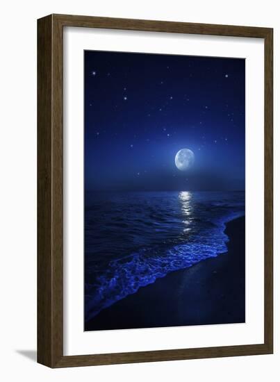 Tranquil Ocean at Night Against Starry Sky and Moon-null-Framed Photographic Print