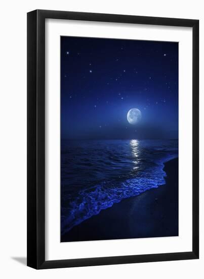 Tranquil Ocean at Night Against Starry Sky and Moon-null-Framed Photographic Print
