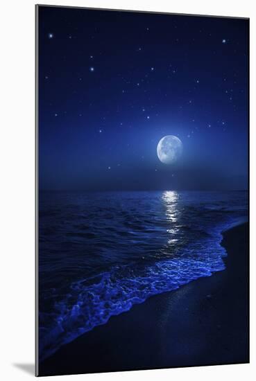 Tranquil Ocean at Night Against Starry Sky and Moon-null-Mounted Photographic Print